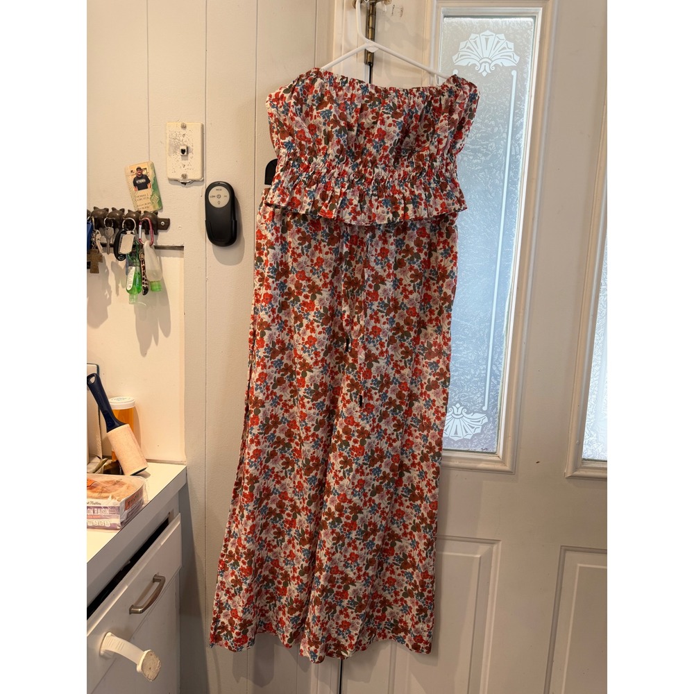 Stateside Anthropologie Floral 2 Piece Set Smocked Tube Top Wide Leg Pants L NWT